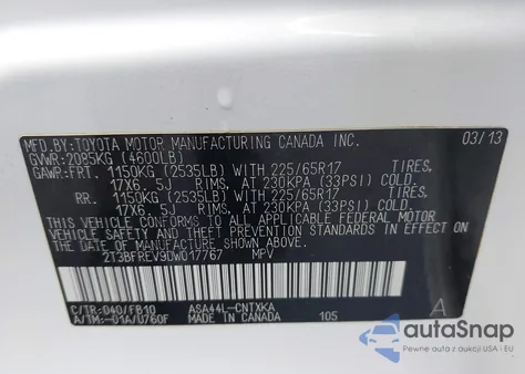 2013 Toyota Rav4 Le from USA, damaged, VIN 2T3BFREV9DW017767